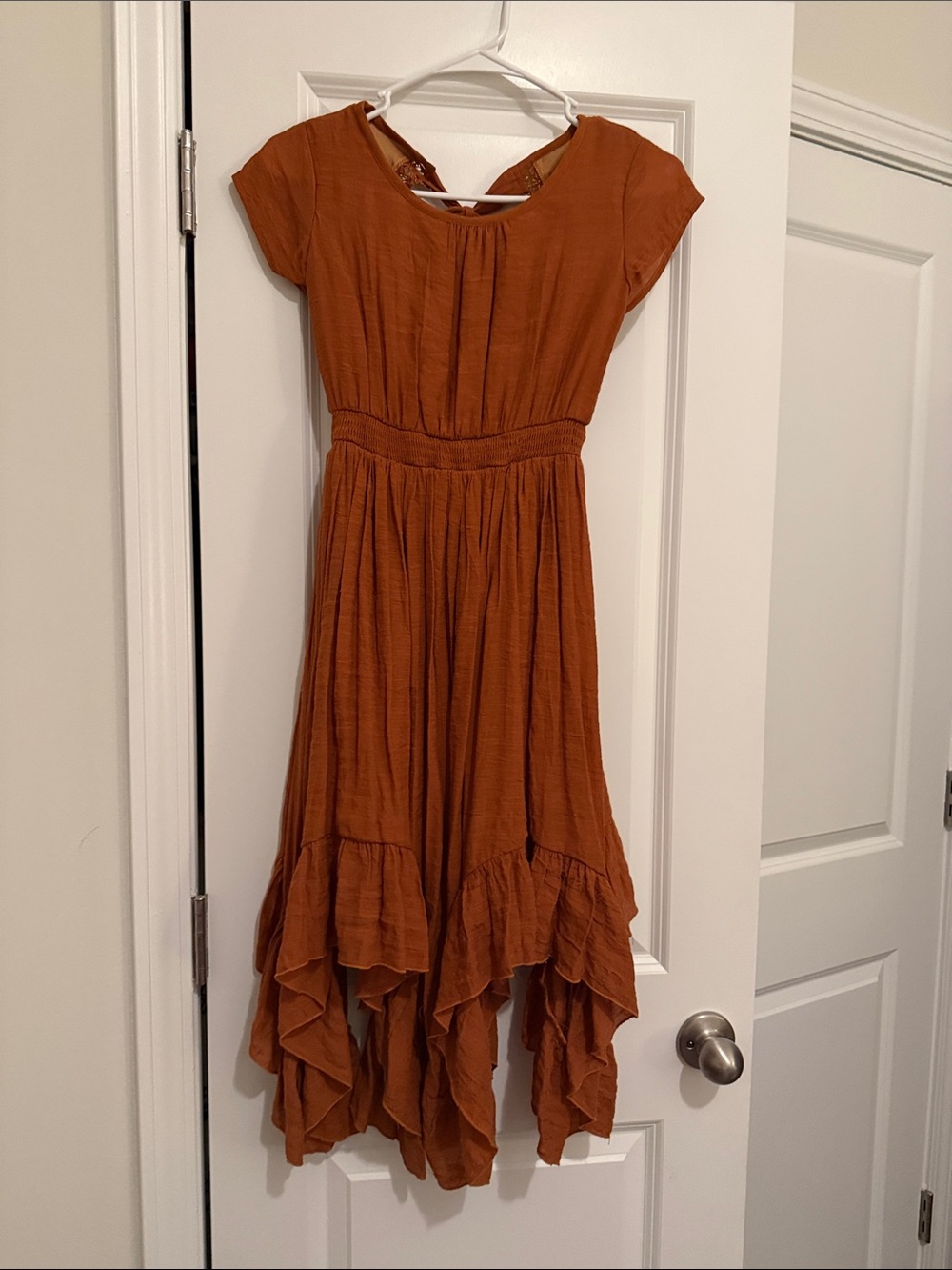 Girls' Rust Orange Ruffle-Hem Casual Dress with Smocked Waist